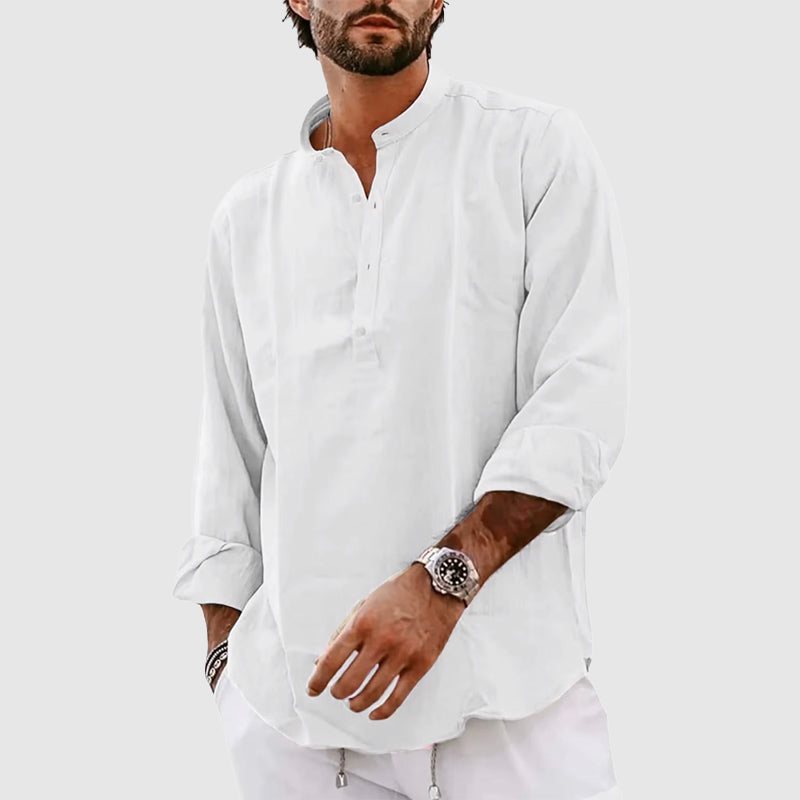 Heren Henley Shirt – Linnen – Relaxed Fit – Bandkraag – Lange Mouwen Casual