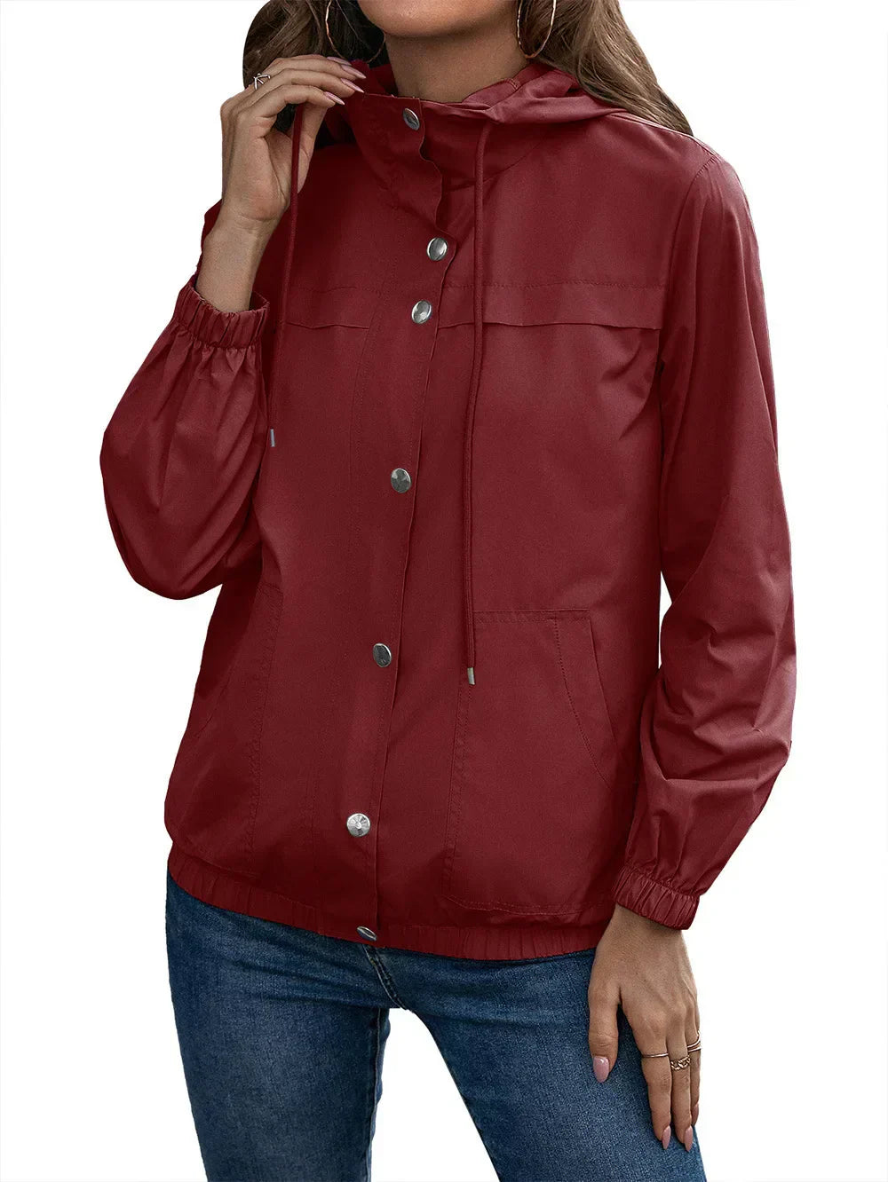 Dames trenchcoat – Waterdicht – Relaxed fit – Capuchon met trekkoorden – Drukknoopsluiting