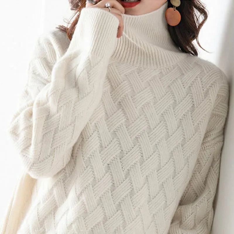 Dames Turtleneck Trui – Wol – Relaxed Fit – Chevron Breipatroon – Heuplengte