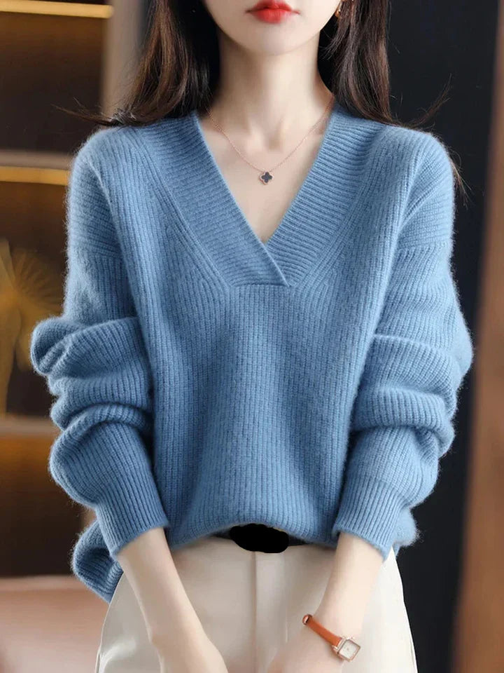 Dames Trui – Pullover – Zachte Knit – V-Hals – Relaxte Pasvorm – Ribboorden