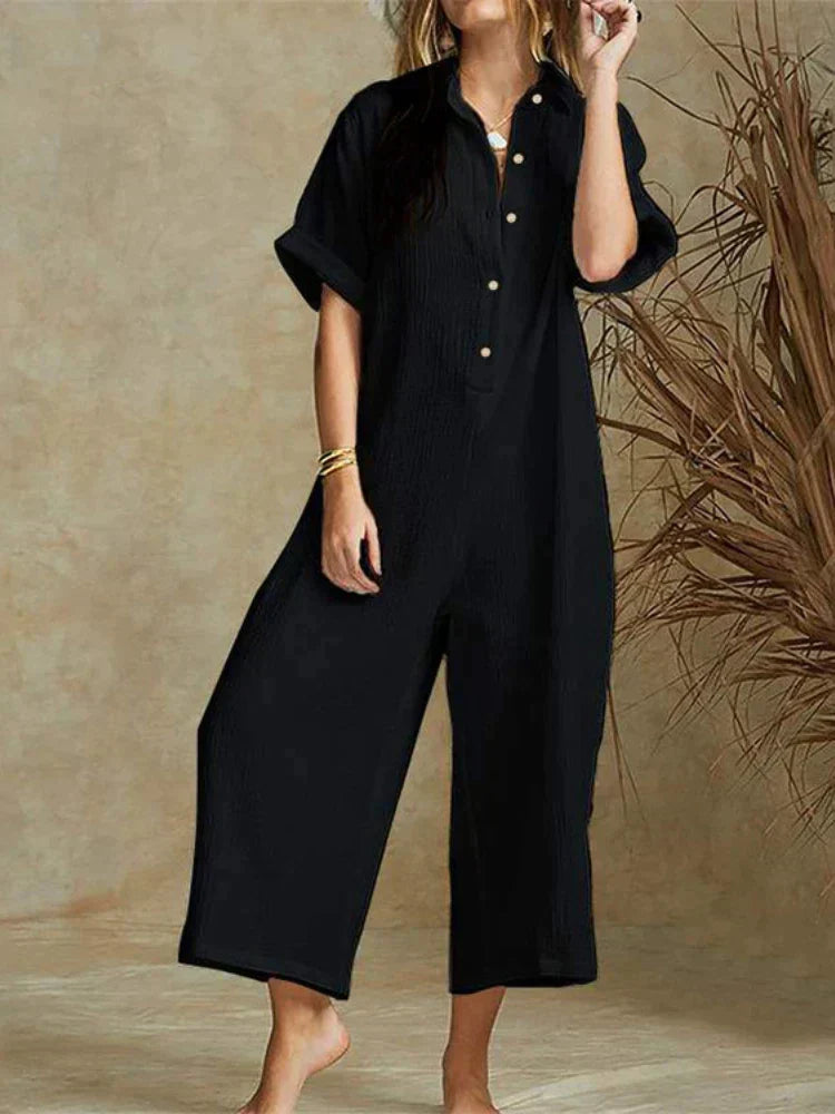 Dam Jumpsuit – Avslappnad Passform – Bomullsblandning – Kort Ärm – Croppad Längd – Knapprad