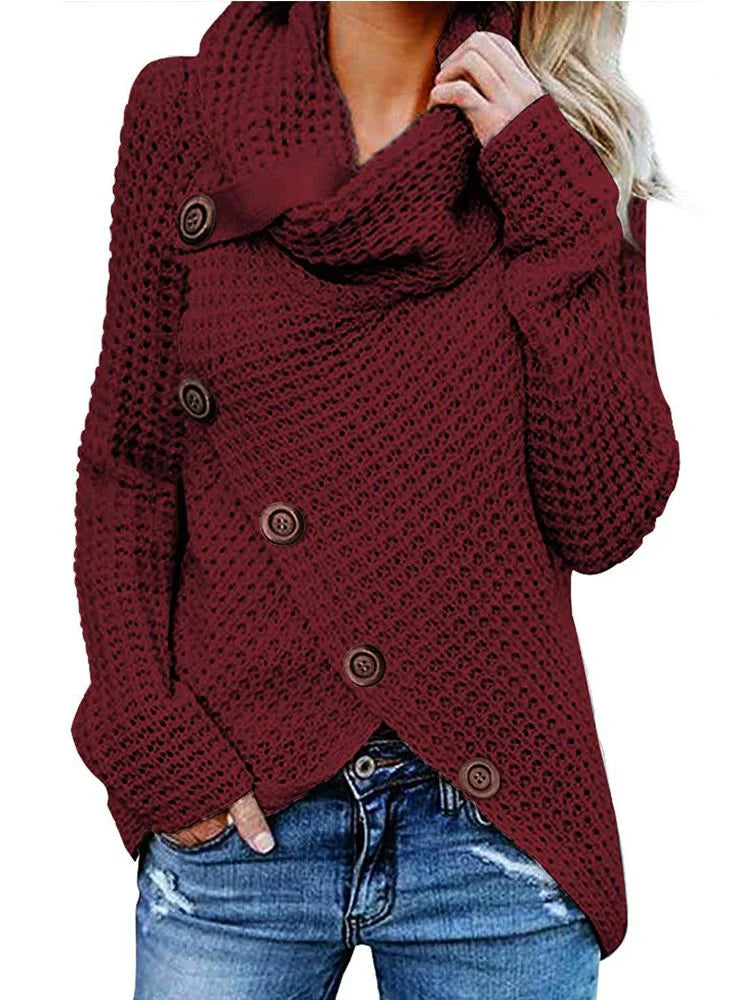 Dames Gebreide Trui – Relaxed Fit – Wafelstructuur – Colkraag – Knoopdetail
