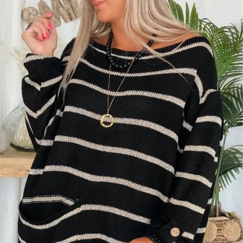 Dames Gebreide Trui – Oversized Pasvorm – Gestreept – Ronde Hals – Lange Mouw