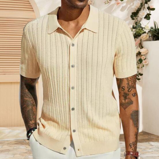 Heren Gebreid Shirt – Regular Fit – Zacht Geribd – Korte Mouw – Knopen Voorkant