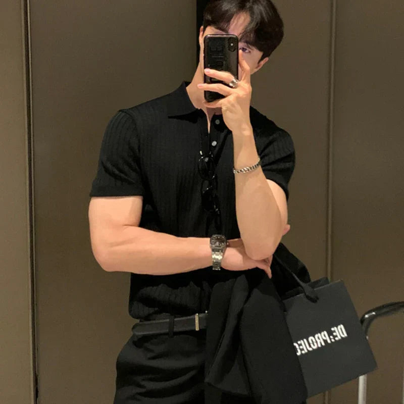 Herr pikétröja – Slim fit – Ribbstickad – Korta ärmar – Andningsaktiv casual modell