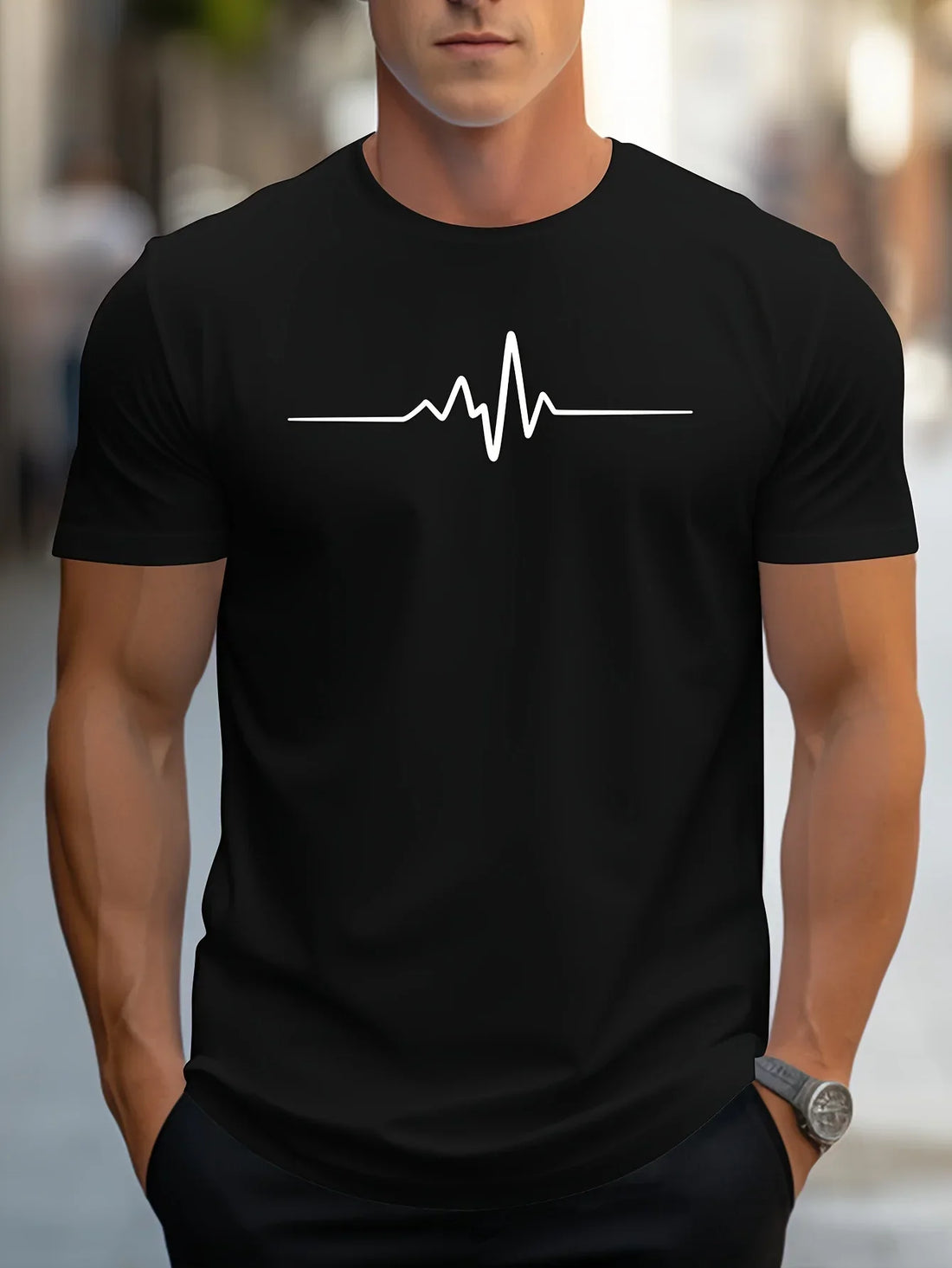 Heren T-shirt Slim Fit – Soft Knit – Korte Mouw – Crew Neck – Hartslag Print