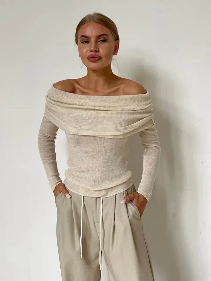 Dames Off-Shoulder Sweatshirt – Ribgebreid – Slim Fit – Lange Mouwen Elegante Top