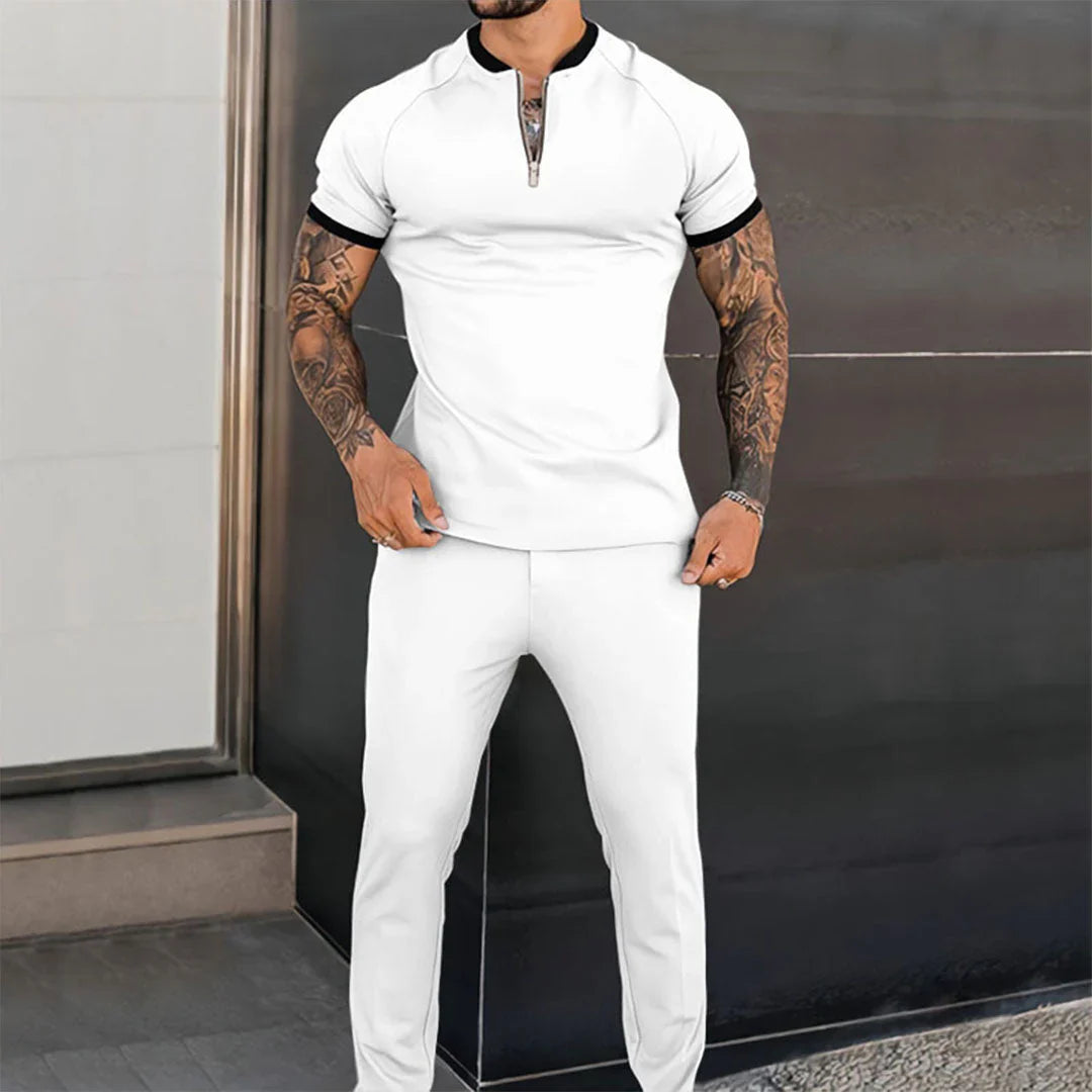 Heren T-shirt – Slim Fit – Ademend Materiaal – Korte Mouw met Ritskraag