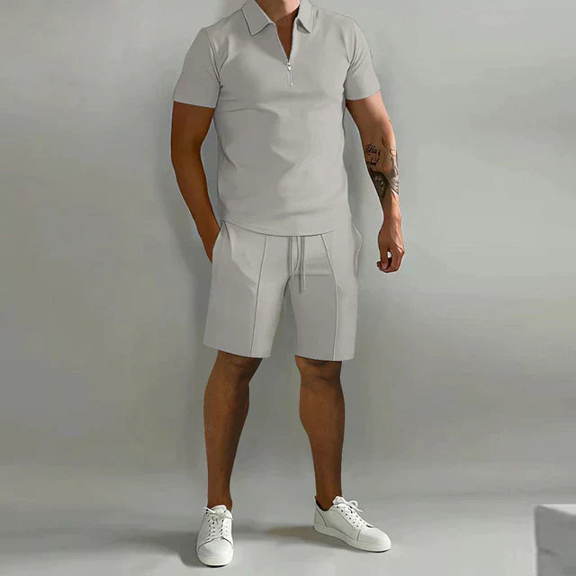 Heren Set – Slim Fit Polo met Ritskraag – Relaxed Fit Short – Ademend Materiaal