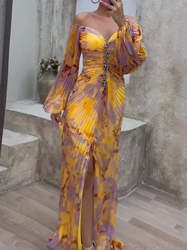 Dames Avondjurk – Luxe Stof – Off Shoulder – V-Hals – Lange Flowy Pasvorm