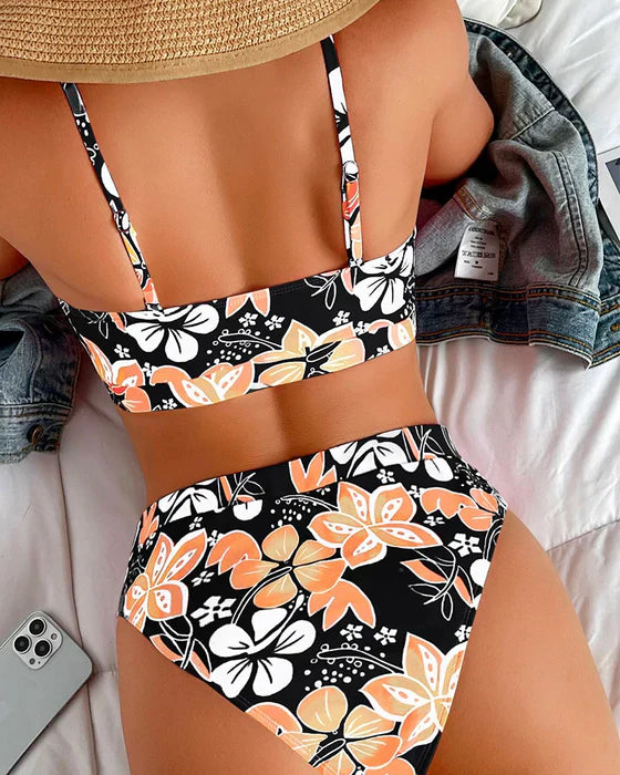 Dam Bikinset – Hög Midjemodell – Linne Design – Blommönster – Andningsbart Material