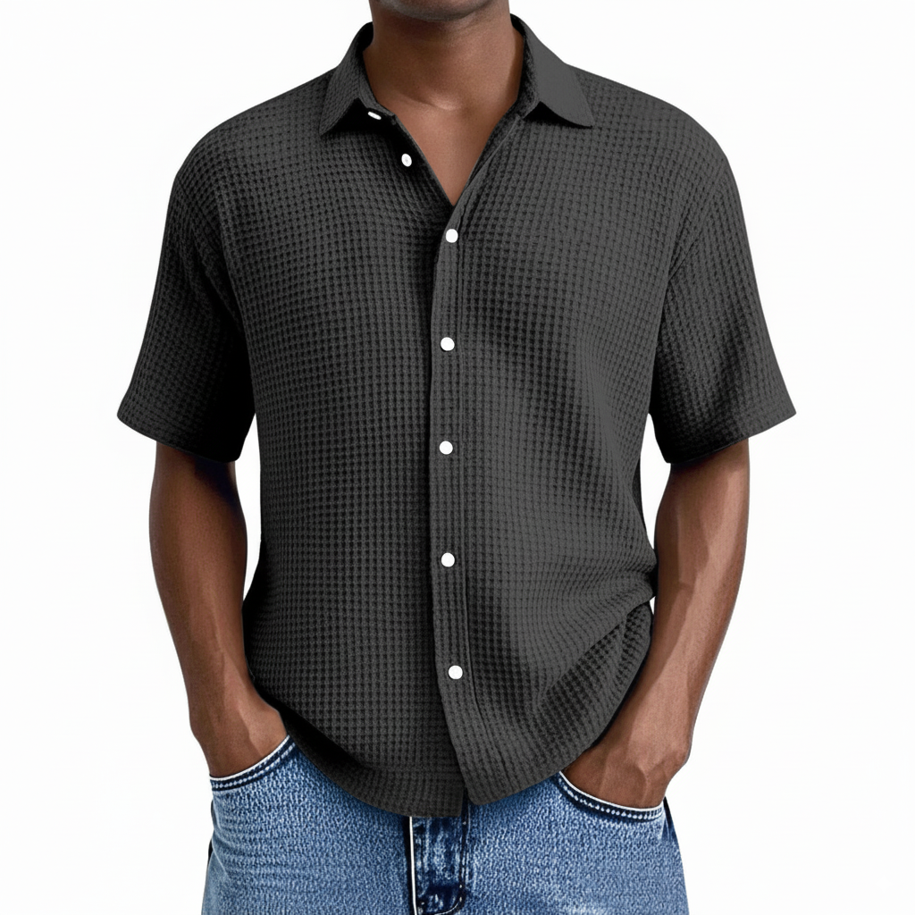 Herrskjorta Kort Ärm – Avslappnad Passform – Våffelstruktur – Andningsaktiv Mjuk Stickning