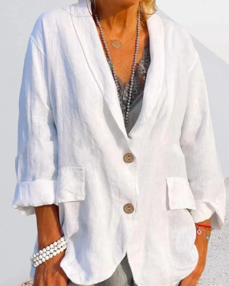 Dam Blazer – Avslappnad Passform – Naturliga Material – Reverskrage – Höftlängd