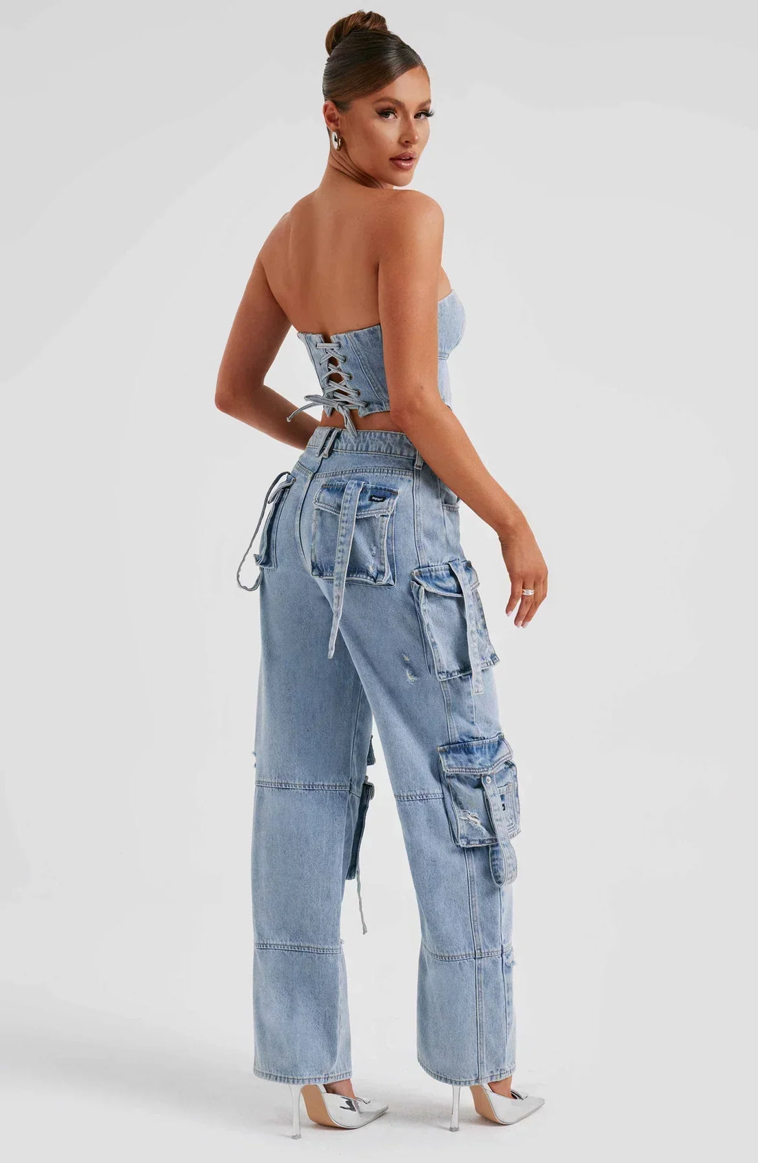 Dames denim broek met hoge taille - Relaxed Fit - Multi-Pocket Design