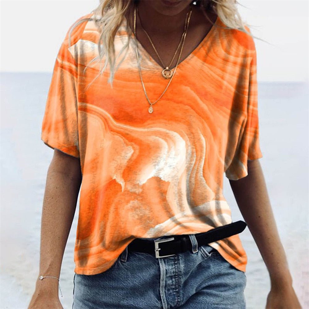Dames T-shirt met V-hals – Relaxed Fit – Korte Mouw – Ademend – Boho Print