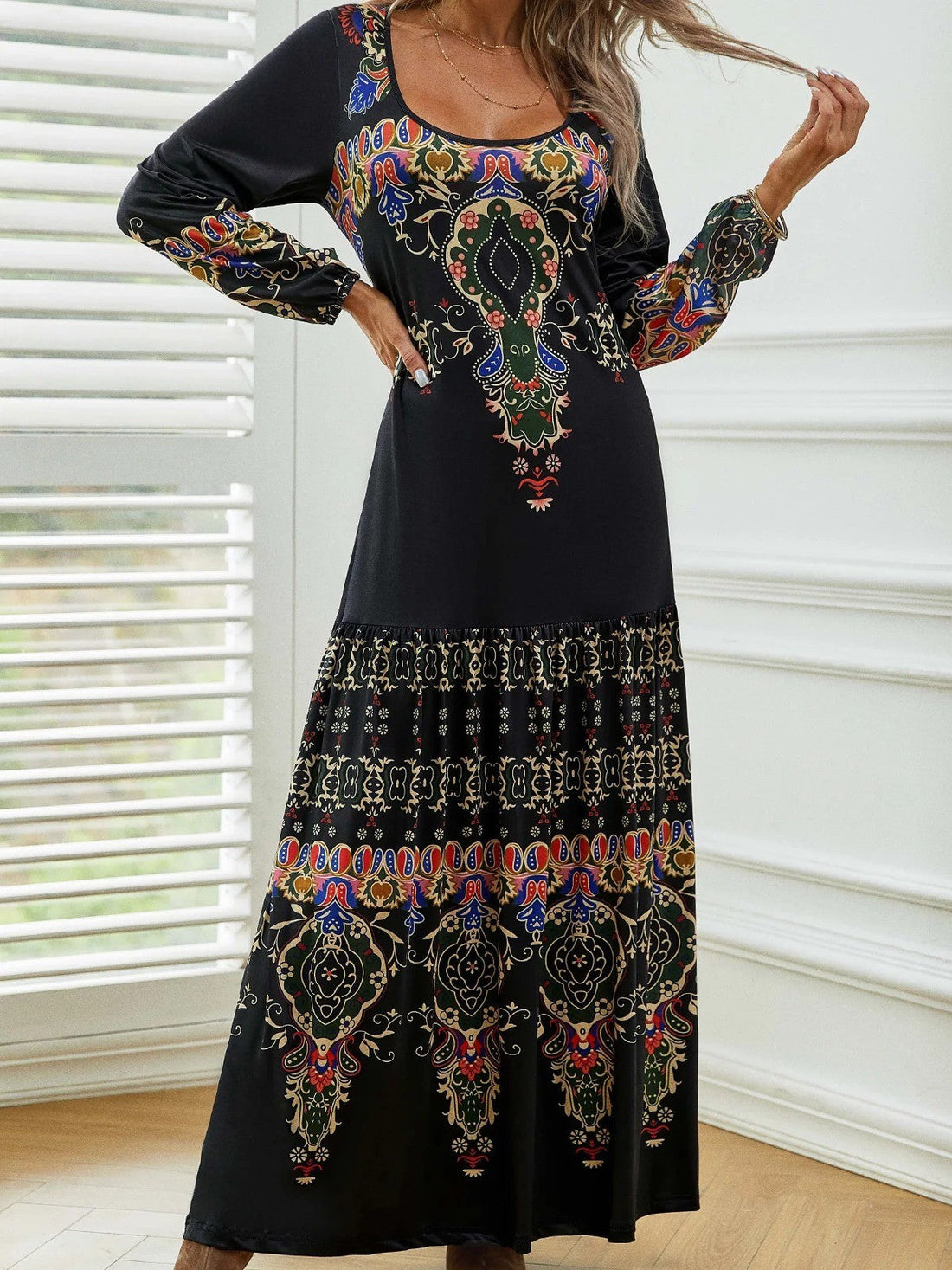 Dames Maxi Jurk – Vintage Print – Losse Pasvorm – Lange Mouwen – Ademende Stof