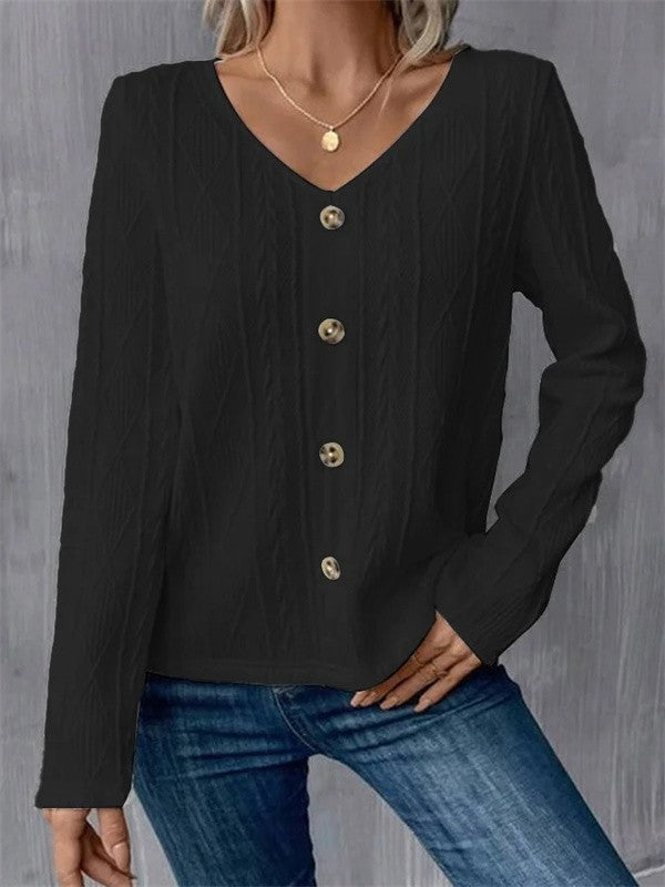 Dames Shirt met Lange Mouwen – V-Hals – Regular Fit – Zachte Knit met Knopen