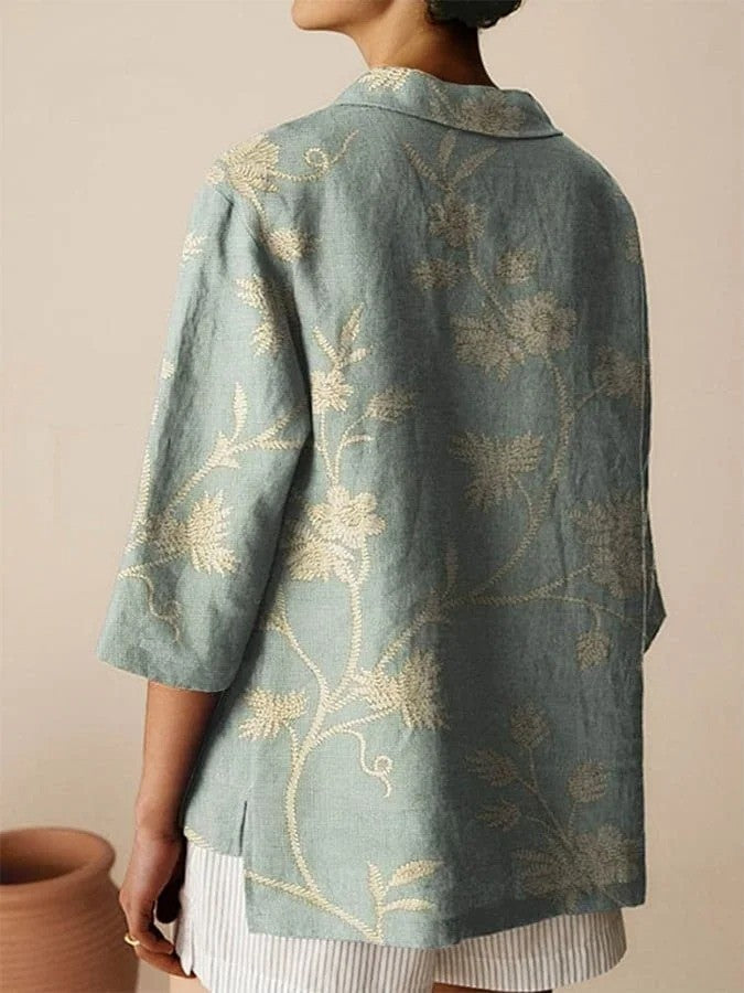 Dam Blus – Lös Passform – Andningsbart Material – Broderier – 3/4 Ärm