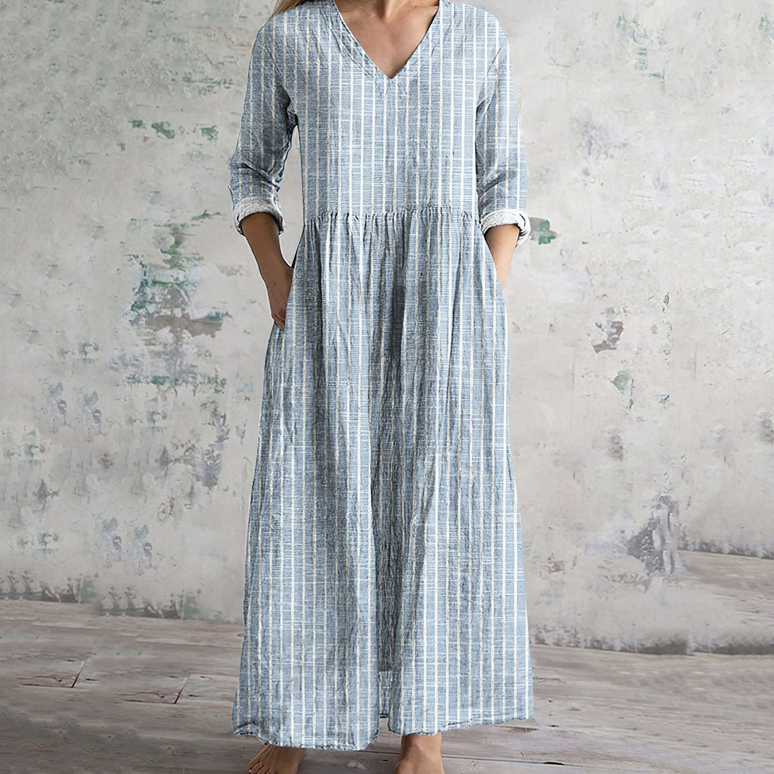 Dames Maxi Jurk – Natuurlijke Stoffen – Relaxte Pasvorm – V-Hals – Lange Mouw – Gestreept