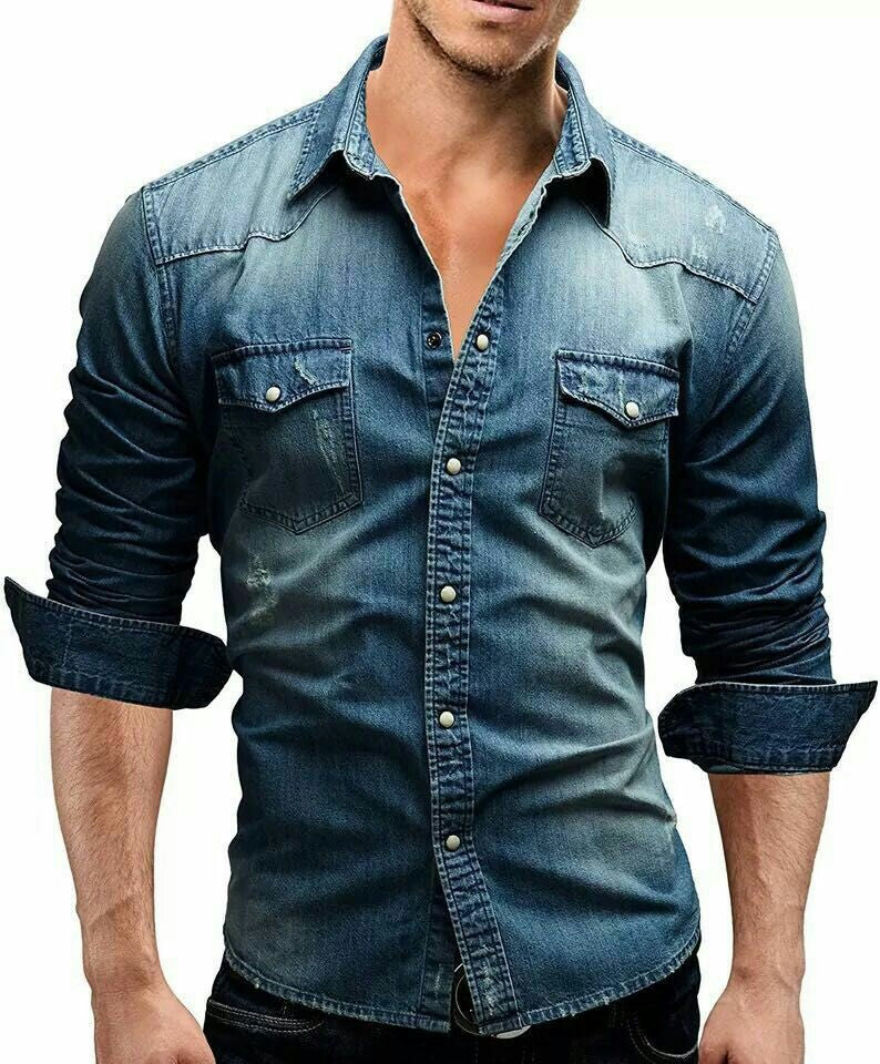 Heren Denim Overhemd – Slim Fit – Drukknoopsluiting – Borstzakken – Casual Look