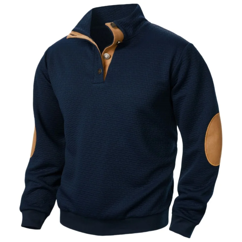 Heren Sweatshirt – Relaxed Fit – Herringbone Textuur – Staande Kraag – Elleboogpatches