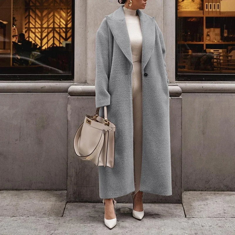 Dames Jas - Wolmix - Oversized - Brede Revers - Enkelknopsluiting - Enkel-lang