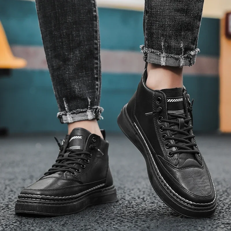 Heren Hoge Sneakers – Leer – Vetersluiting – Zijrits – Stevig en Comfortabel