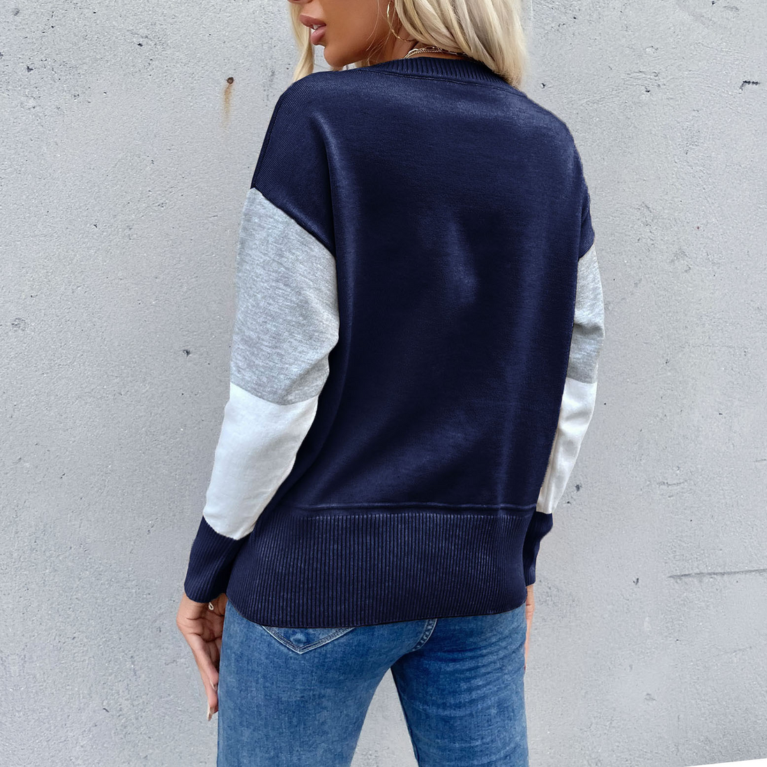 Dames Sweatshirt – Relaxed Fit – Gebreid – Blokpatroon – Ribboord Crewneck Casual