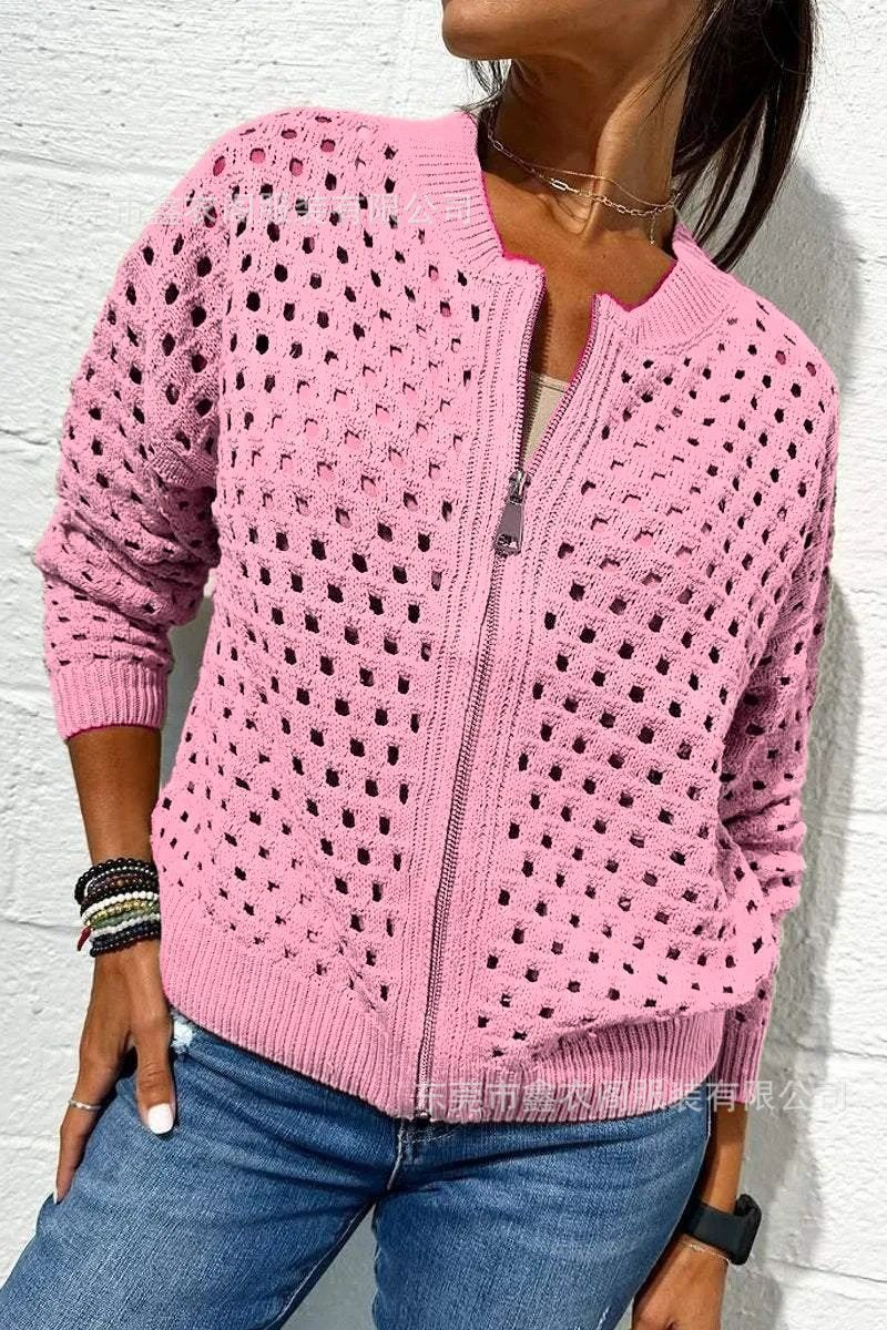 Dames Gebreid Jack – Relaxed Fit – Opengewerkt Breisel – Ribboorden – Ritsluiting