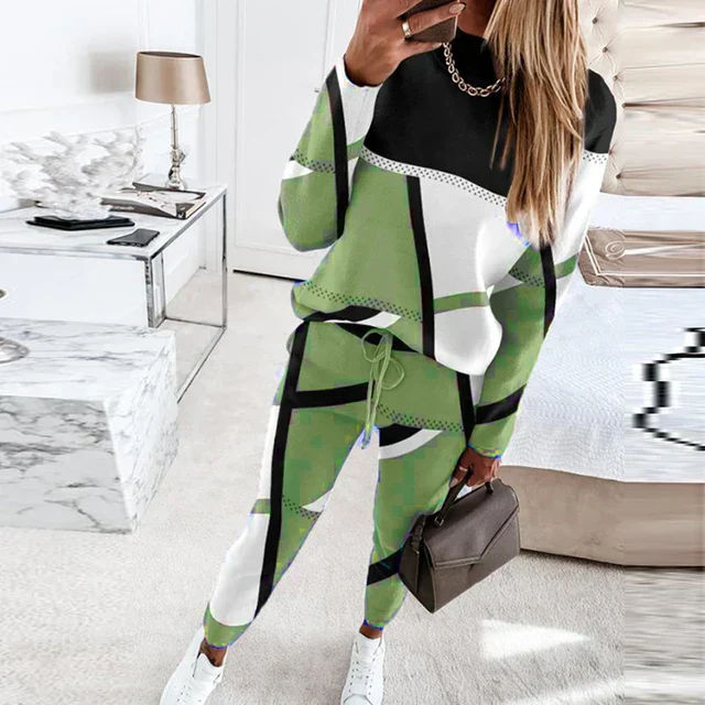Dam Loungewear Set – Ledig Passform – Stickad Bomull – Geometriskt Mönster – Midja Med Dragsko