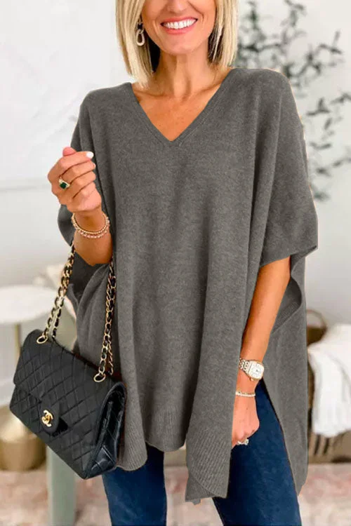 Dames Poncho – Relaxed Fit – Zachte Gebreide Stof – V-Hals – Geribde Zoom