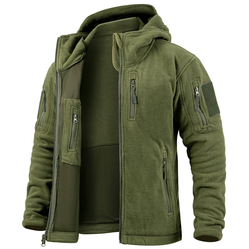 Heren Fleece Jas – Tactisch Design – Getailleerde Pasvorm – Capuchon – Ritszakken