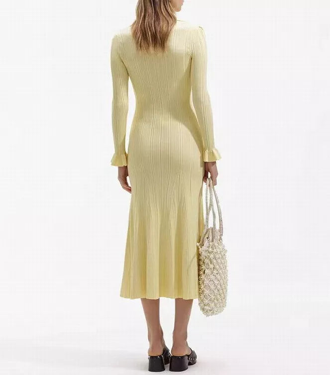 Dames Maxi Jurk – Soft Knit – Mermaid Fit – Lange Mouwen – Kraag – Knoopsluiting