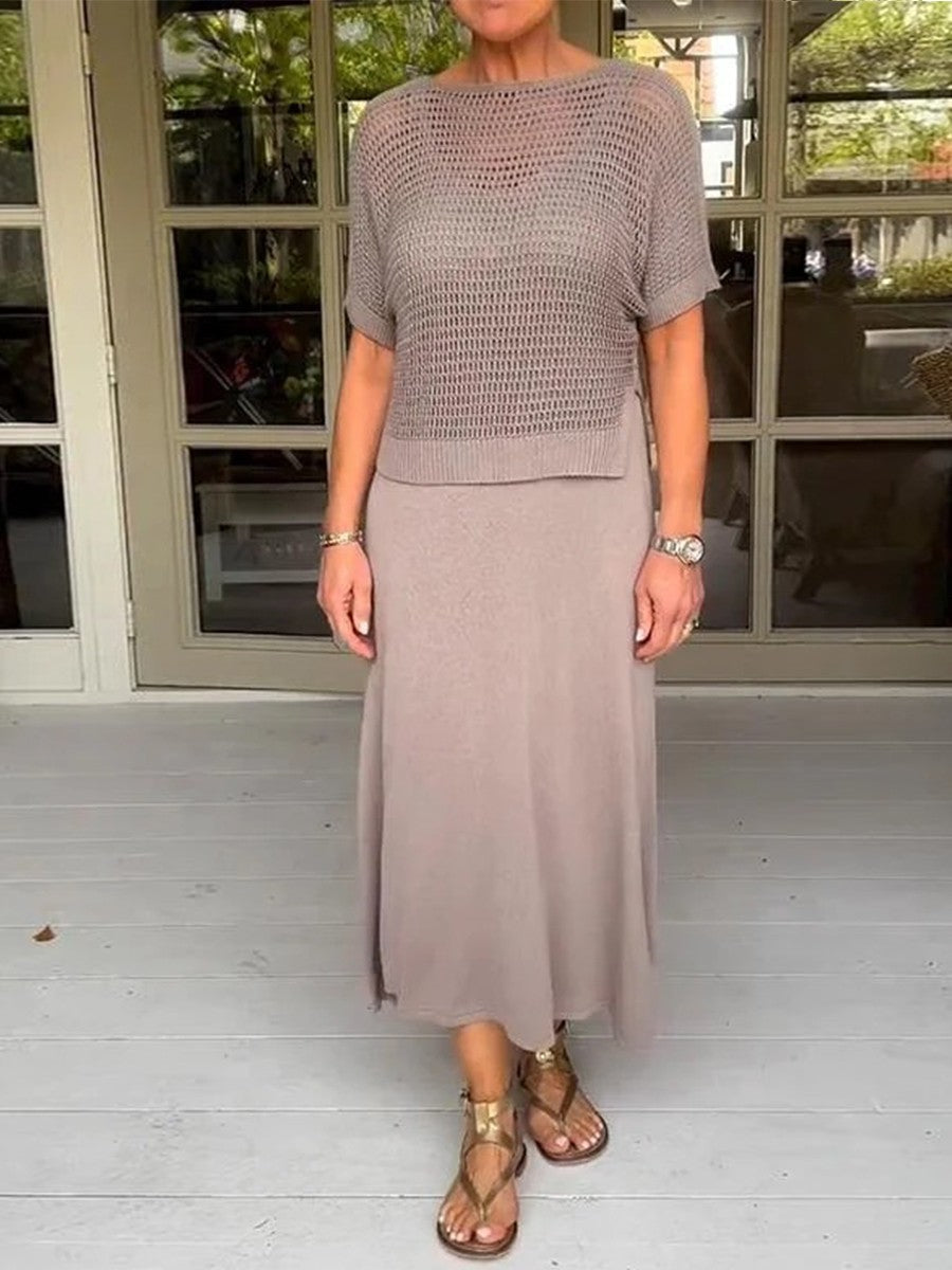 Dam Klänning Set – Avslappnad Passform – Mjuk Stickad Topp – Midi Längd – Avslappnad Outfit