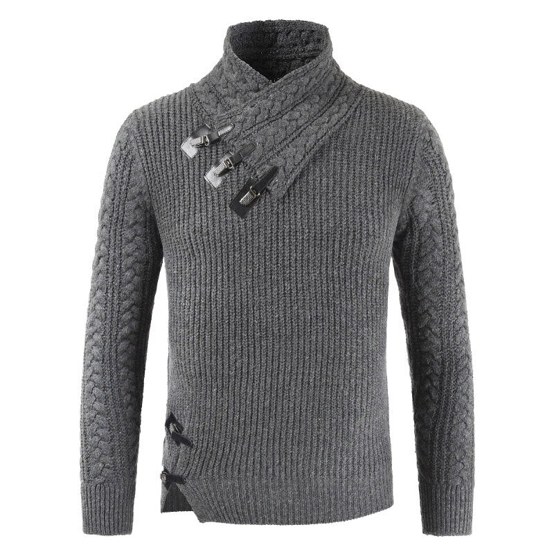 Heren Trui – Slim Fit – Wolmix – Asymmetrische Hals – Gespdetails – Kabelbreisel