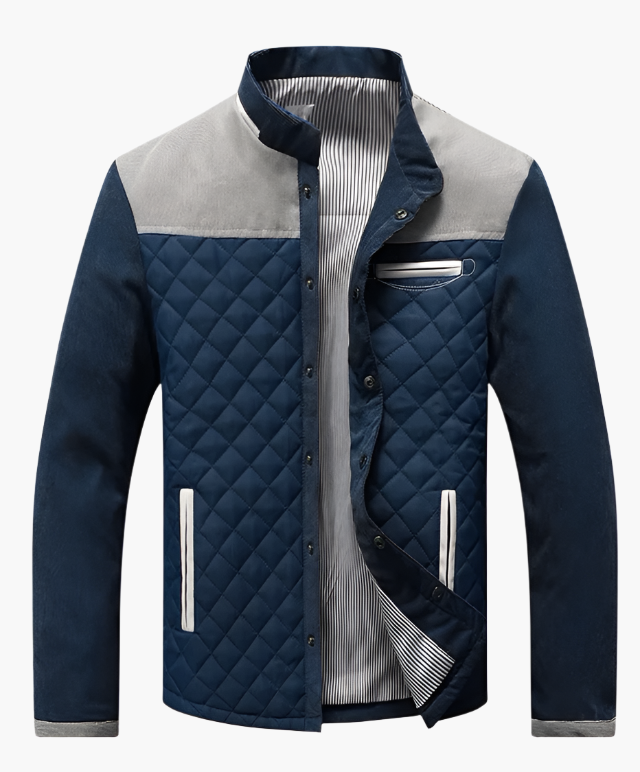 Heren Gewatteerd Jack – Regular Fit – Patchwork Design – Opstaande Kraag – Zakken met Rits