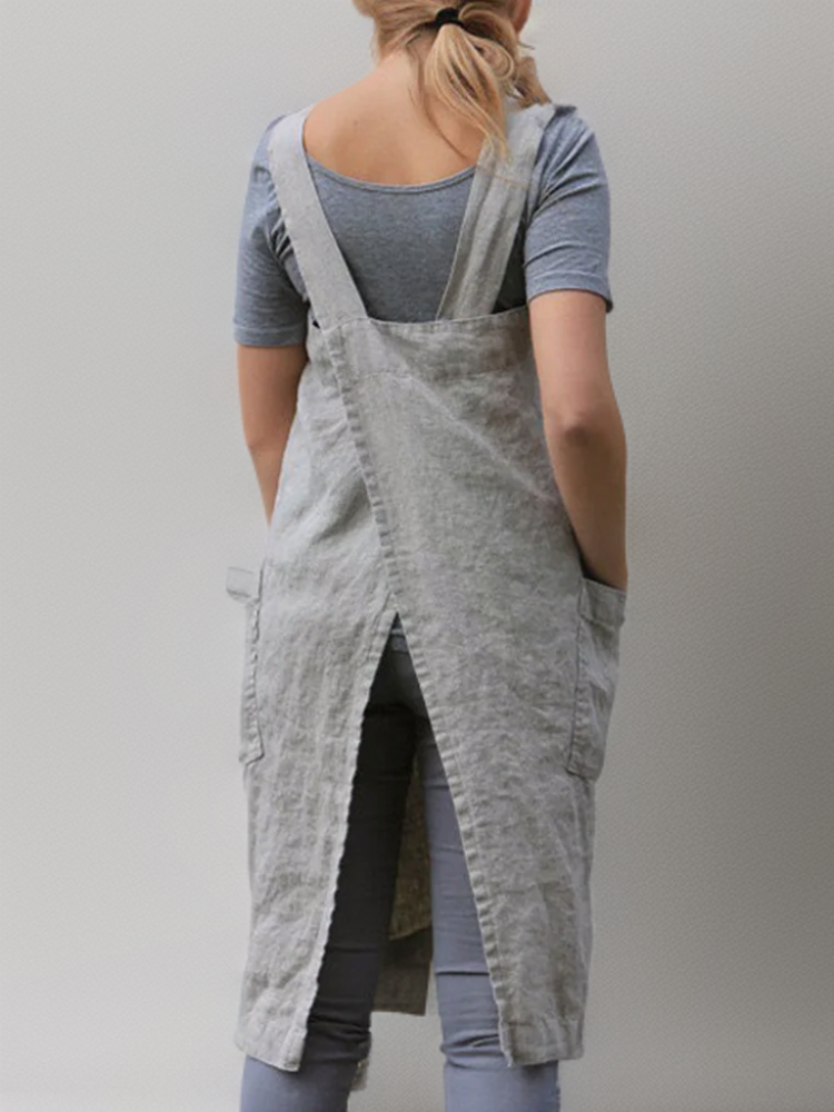 Dames Apron Jurk – Relaxed Fit – Natuurlijke Stoffen – Vierkante Hals – Met Zakken