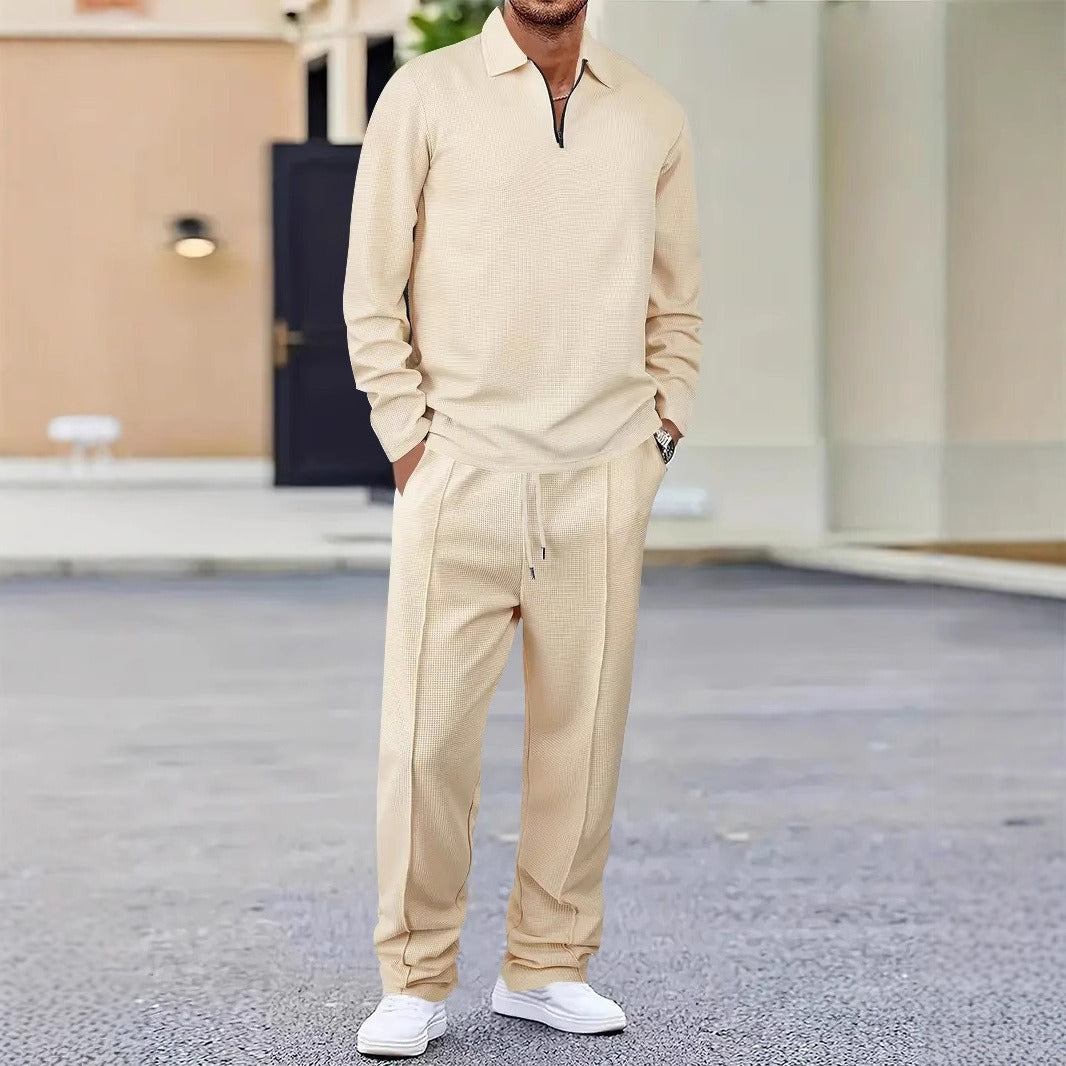 Heren Tweedelig Set - Gebreide Stof - Comfortabele Pasvorm - Quarter-Zip Kraag