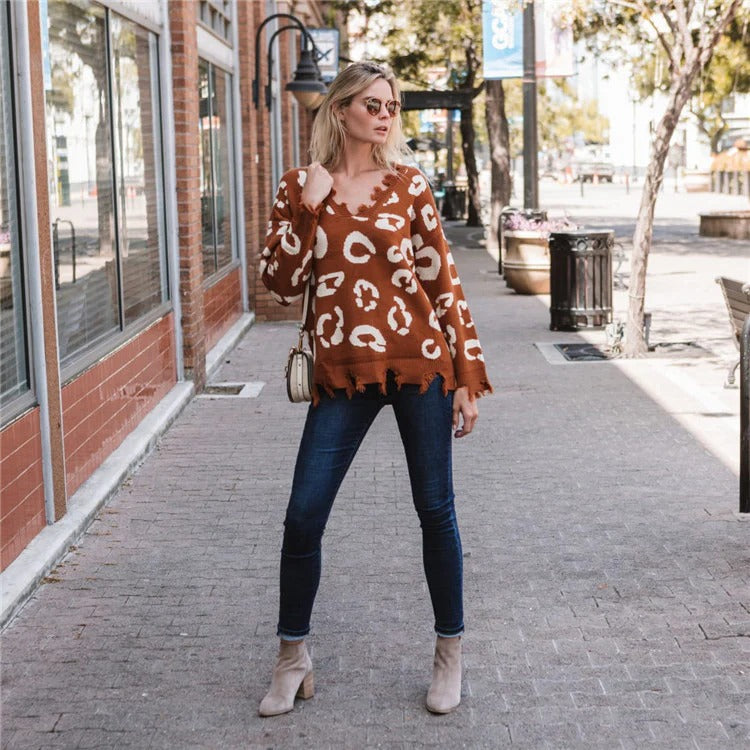 Dames Gebreide Trui – Oversized Pasvorm – Franjezoom – Tie-Dye Print – Ronde Hals