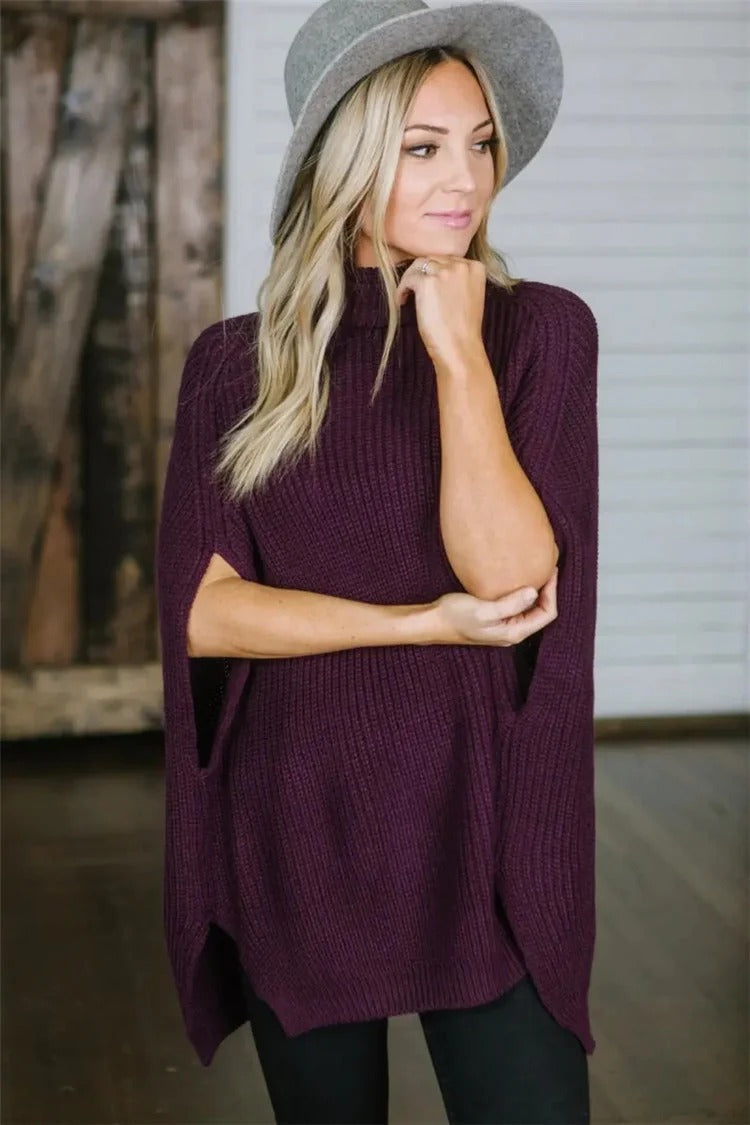 Dames poncho – Oversized pasvorm – Hoge col – Brede mouwen – Wolmix breisel