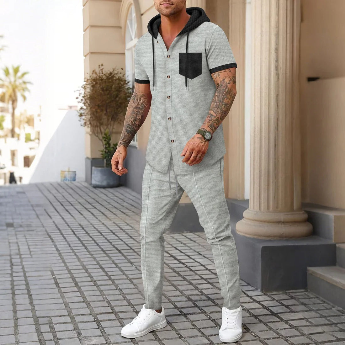 Heren Trainingspak – Relaxed Fit – Katoenmix – Hoodie met Knoopsluiting