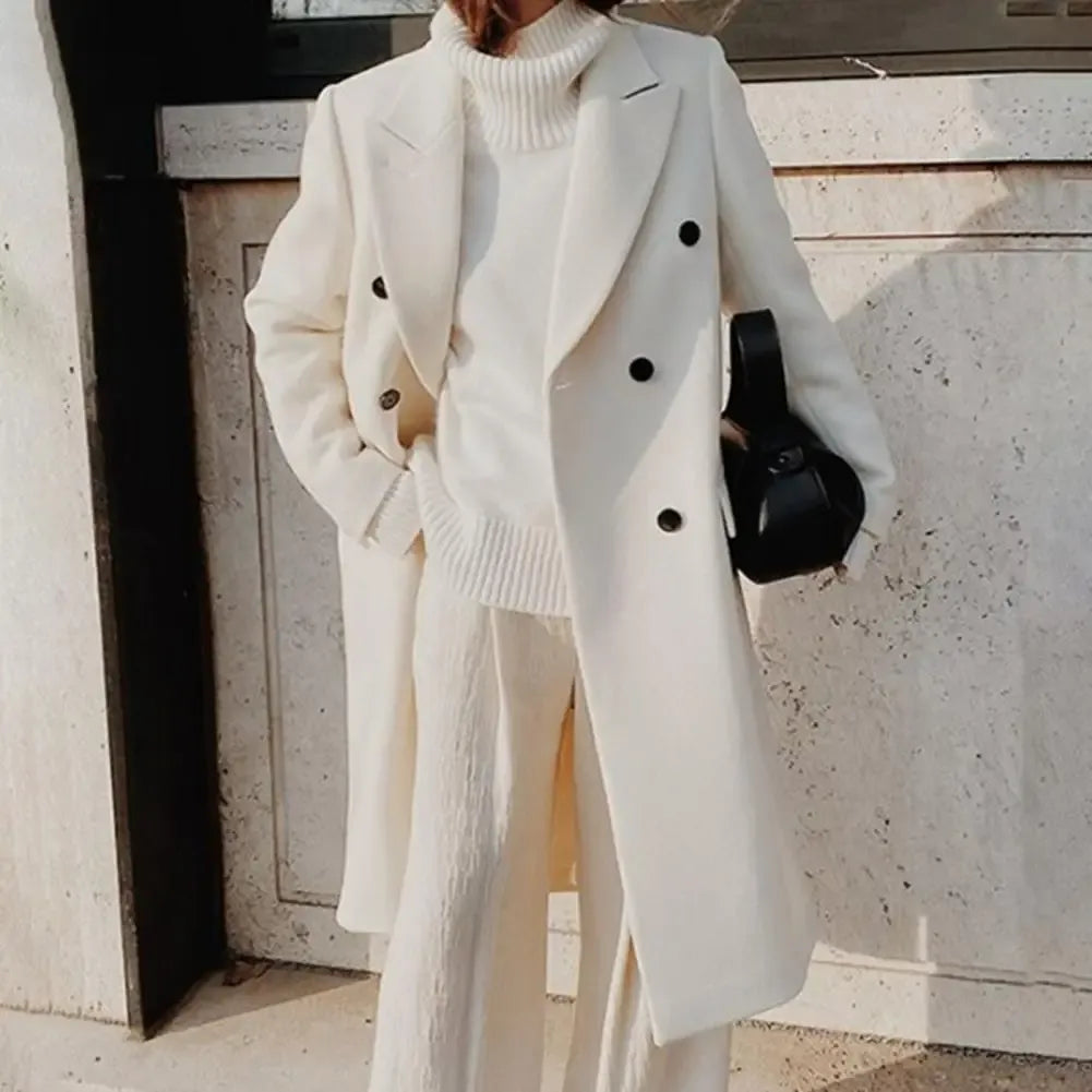 Dames Trenchcoat – Tailored Fit – Wol Look – Dubbel Rij – Klassieke Revers
