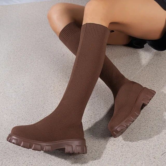 Dames Laarzen - Stretchstof - Kniehoog - Geribbelde Elastische Boord - Chunky Zool