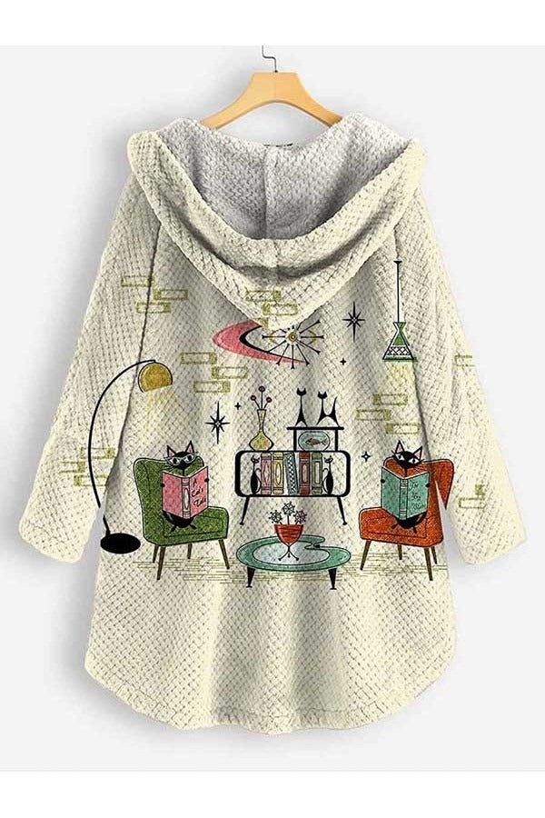 Dames Hooded Jas – Fleece – Oversized Pasvorm – Open Front – Print Design Casual