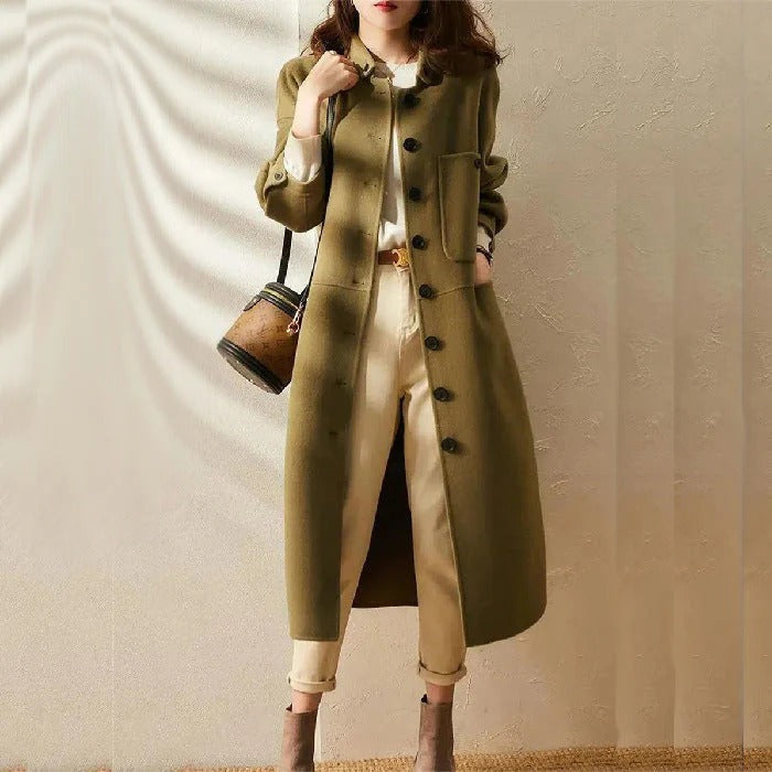 Dames Trenchcoat – Wolmix – Relaxed Fit – Lang Model – Kraagloos Minimalistisch Design