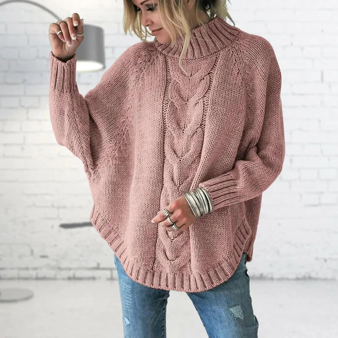 Dames trui – Oversized pasvorm – Wol – Kabelbreisel – Rolkraag – Vleermuismouwen