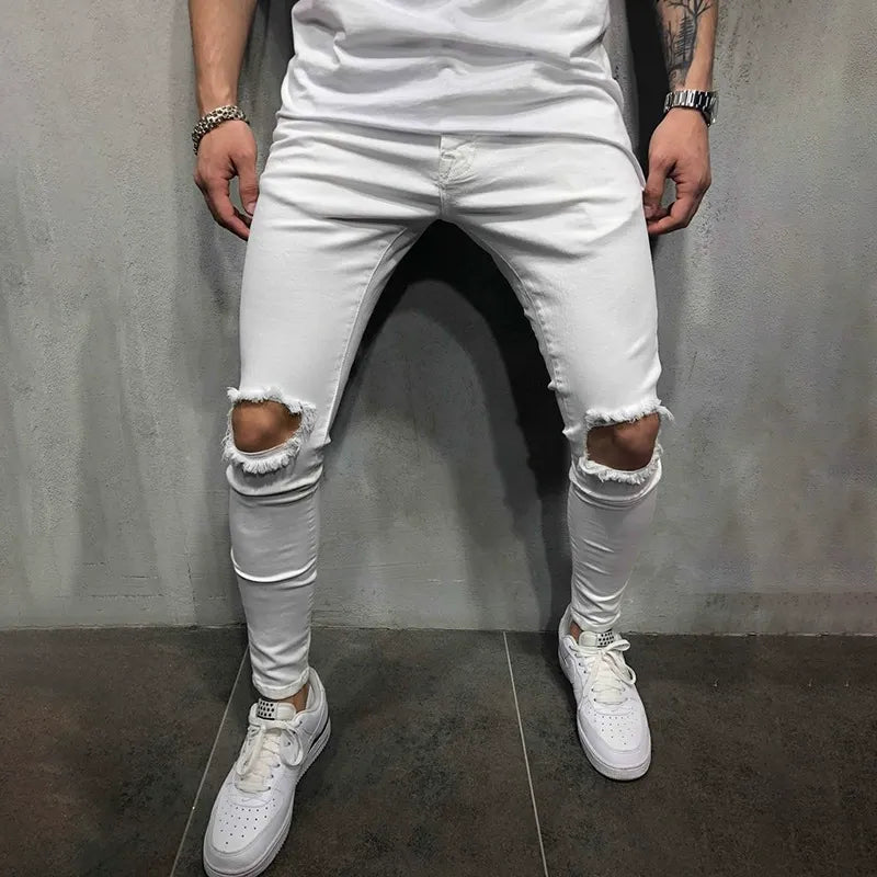 Heren Broek - Stretch Katoen - Skinny Fit - Gerafelde Knieën - Volledige Lengte