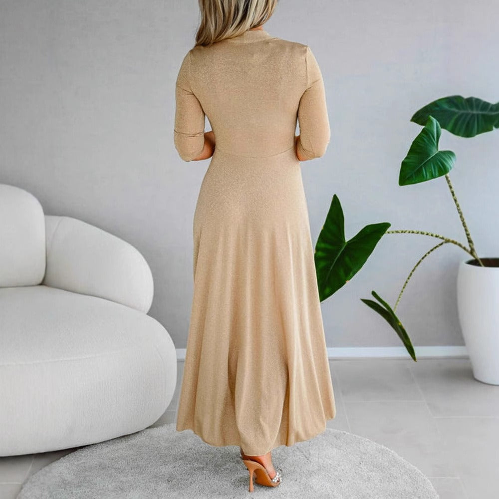 Dames Maxi Jurk – Fit en Flare – V-hals Overslag – Driekwart Mouw Elegant Model