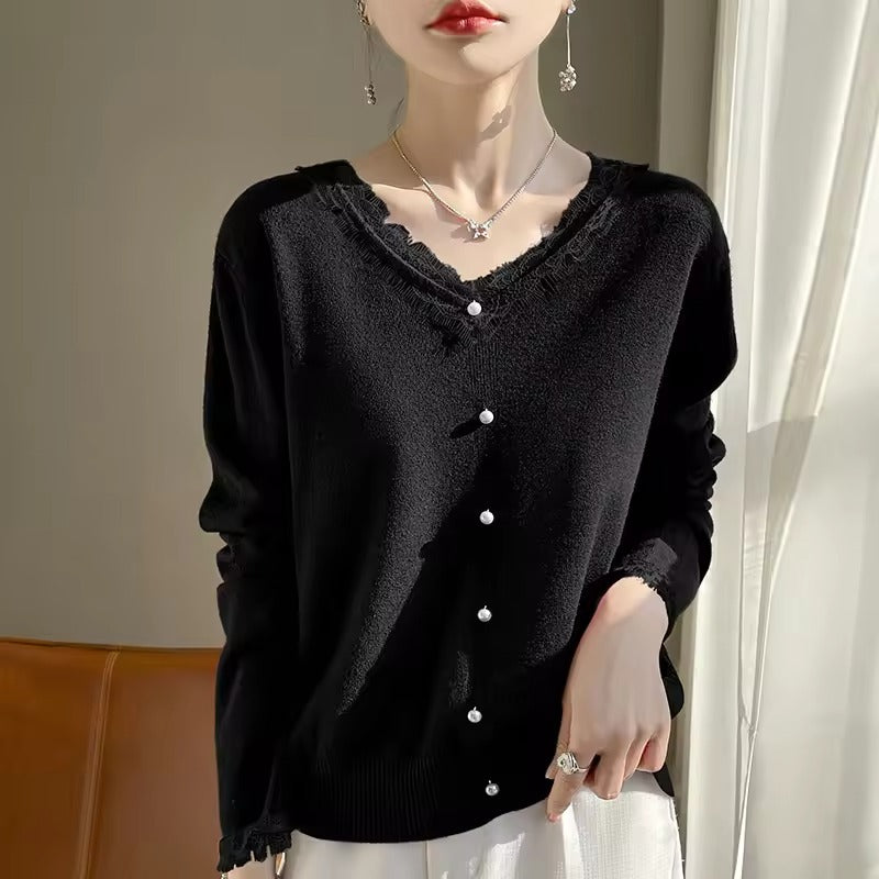 Dames Trui – Wolmix – Relaxed Fit – Kant V-hals – Lange Mouwen – Knoopdetail