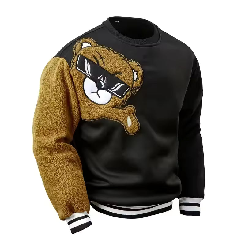 Heren sweatshirt – Relaxed fit – Katoen – Geborduurde teddybeer – Geribde boorden